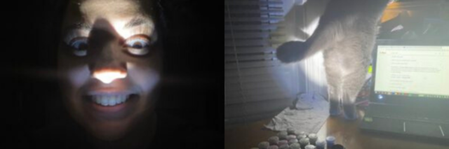 photo of author on the left, shining a flashlight in her face, and photo on right of author shining a flashlight on her cat