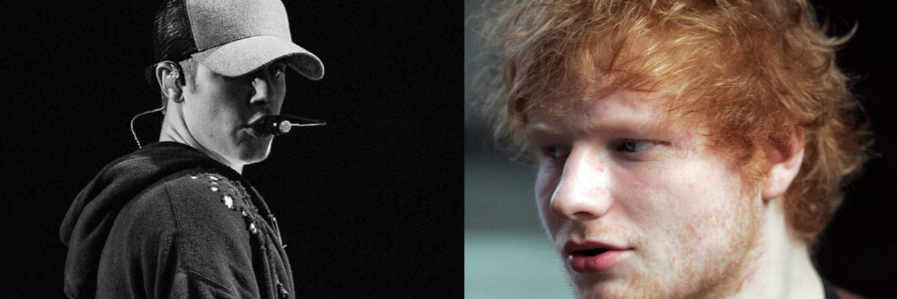 [Left] a black and white photo of Justin Bieber {right] a photo of Ed Sheeran