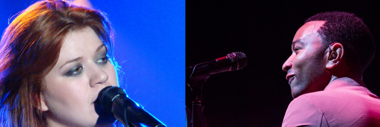 [Left] Kelly Clarkson singing into a mic {Right] John Legend performing