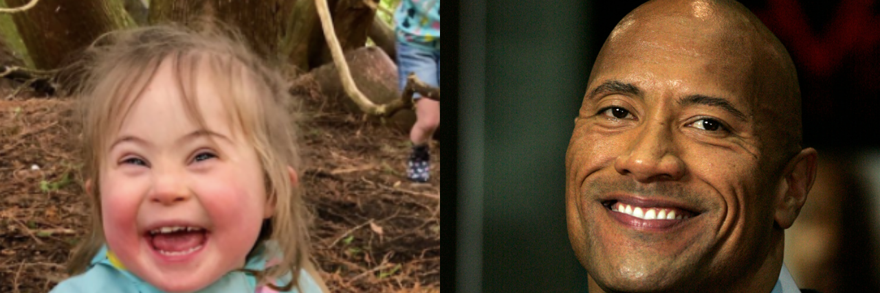 [Left] A little girl with Down's syndrome beams in the photo. [Right] A headshot of the Rock smiling