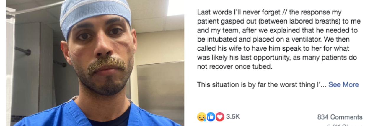 COVID-19 Patient Asks 'Who's Going to Pay For It?' in Viral Post A nurses's Facebook post with his patient's last words
