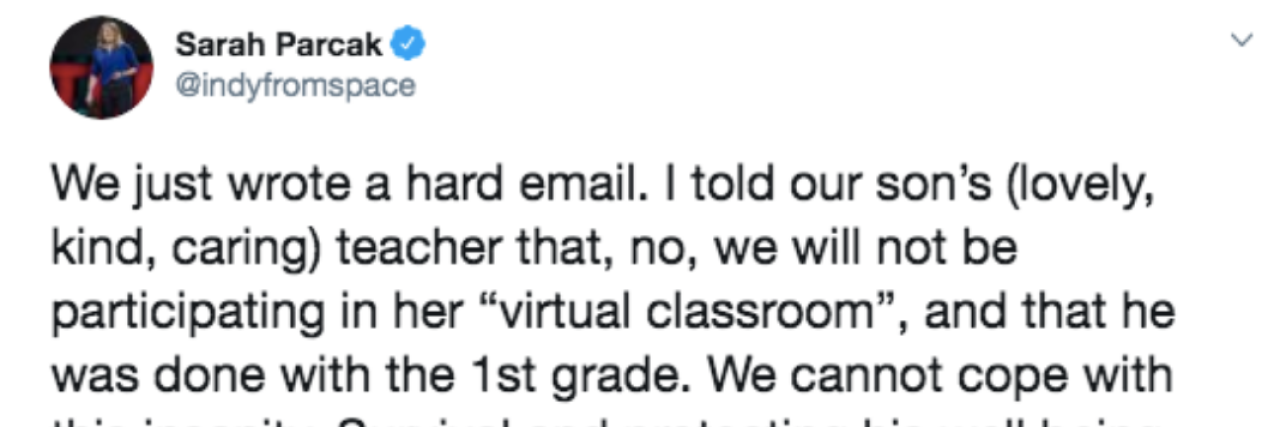I'm Inspired by Sarah Parcak's Tweet About COVID-19 and School a tweet that shows a part of a mom's tweet to her son's school about covid-19
