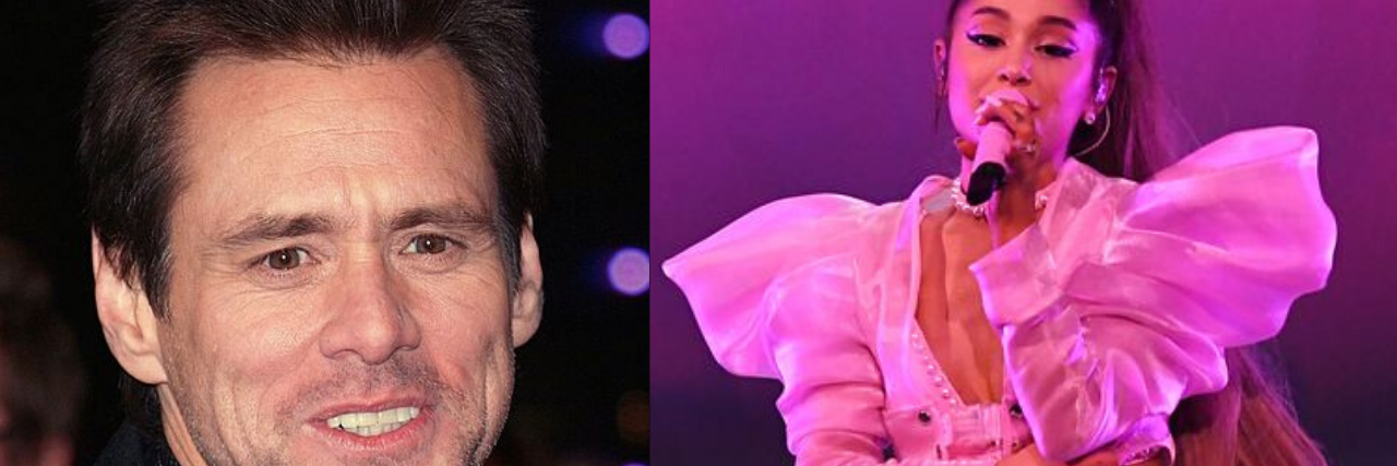 [Left] Jim Carrey on the red carpet. [Right] Ariana Grande performing onstage