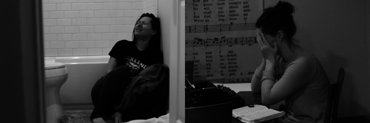 12 Photos That Show the Worst of My Pain With Ehlers-Danlos Syndrome left picture is author sitting on bathroom floor crying out in pain, right picture author sitting at desk with hands over her face