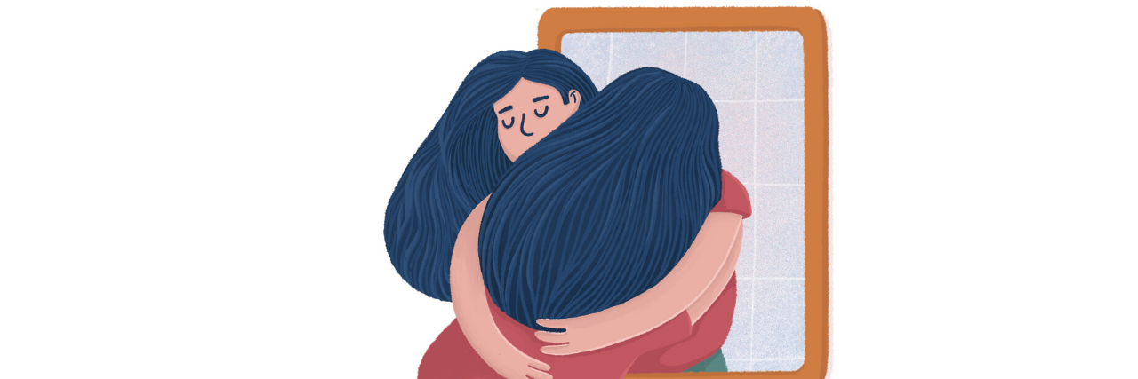 illustration of a person hugging another person through a mirror