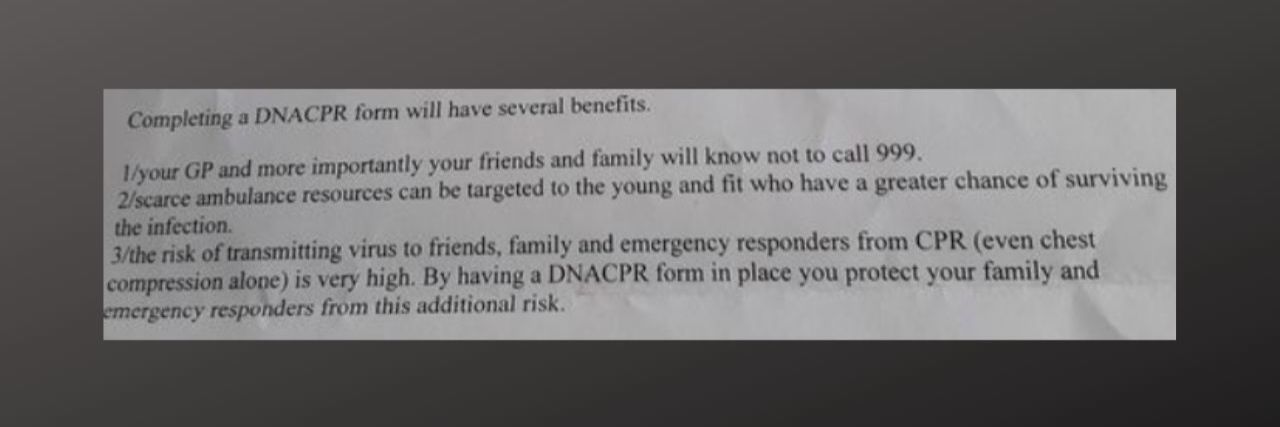 Welsh GP Apologizes for Asking High-Risk Patients to Sign COVID-19 DNR Portion of a letter sent to some high-risk Wales patients asking them to sign a DNR, including saying it would benefit "the young and fit who have a greater chance."