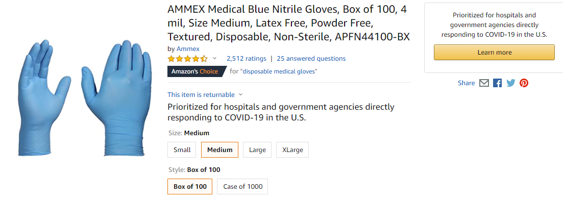 Screenshot from Amazon listing gloves as only being available to hospitals and government agencies.