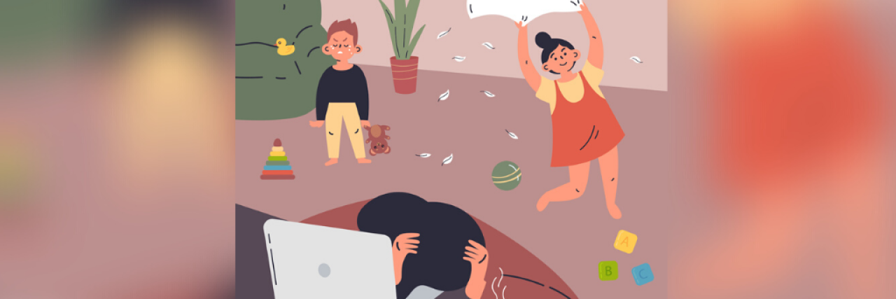 The Nearly Impossible Expectations Parents Face With COVID-19 Mother with head down on her desk surrounded by arguing children at home