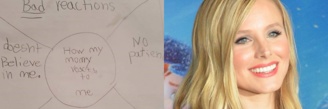 Kristen Bell with an image her daughter drew of her "bad reactions" during home schooling
