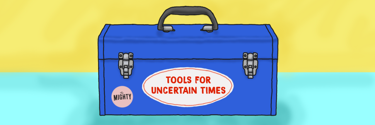 The Mighty's Digital Toolkit for Getting Through Uncertain Times Digital illustration of a blue toolbox. On the front of the toolbox is a white sticker with red text that says, "Tools for Uncertain Times." On the side of the toolbox is a circular Mighty sticker.