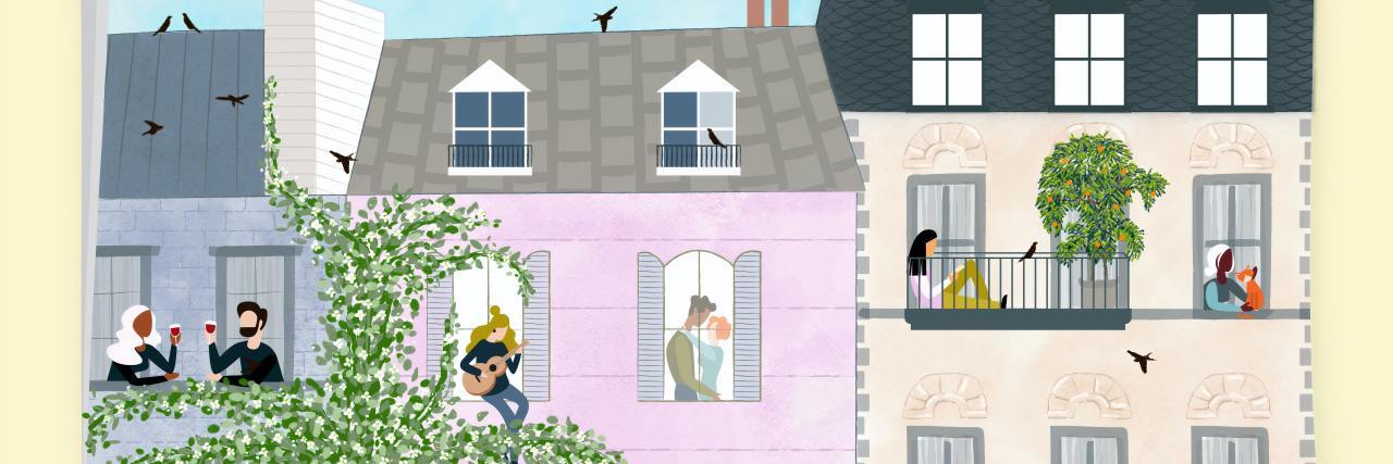 Is Kindness Becoming the 'New Normal' After COVID-19 illustration of newspaper cover showing people connecting with each other from different windows and houses