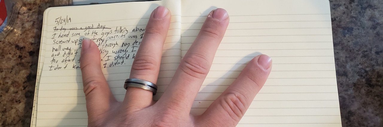 Coping Mechanisms for Depression, Anxiety, PTSD The contributors hand on his notebook