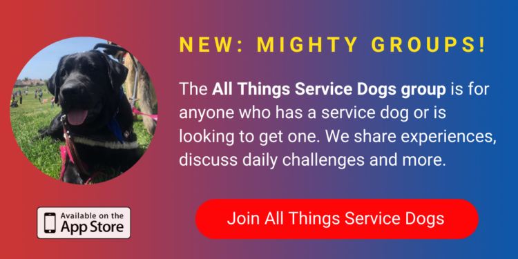 A banner promoting The Mighty's new All Things Service Dogs group on The Mighty mobile app. The banner reads, The All Things Service Dogs group is for anyone who has a service dog or is looking to get one. We share our personal experiences, talk about daily challenges and more. Click to join.