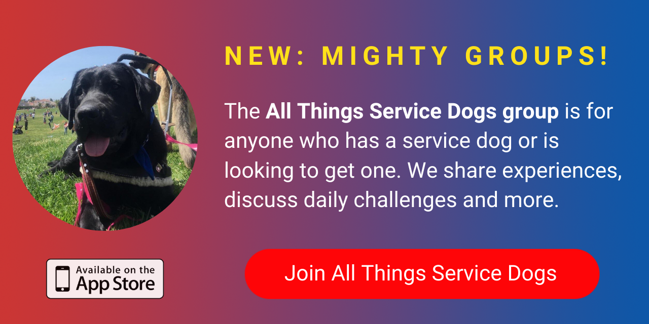 A banner promoting The Mighty's new All Things Service Dogs group on The Mighty mobile app. Click to join.