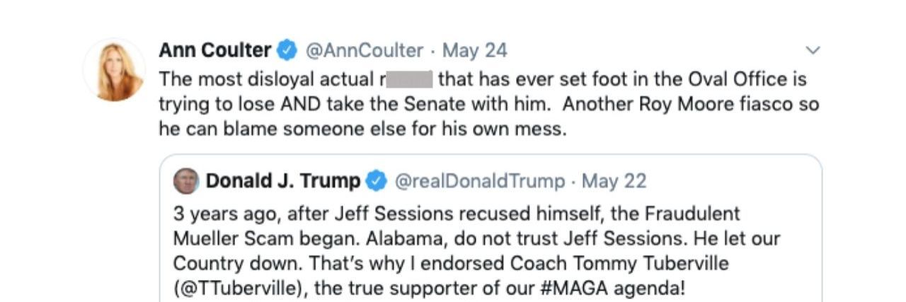 Ann Coulter Called Out for Using R-Word to Describe Trump Ann Coulter's tweet calling Trump the R word