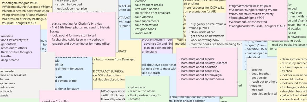 Screenshot of a bunch of computer sticky notes with to-do lists
