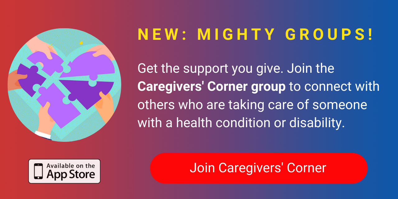 A banner promoting The Mighty's new Caregivers' Corner group on The Mighty mobile app. Click to join.