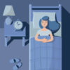 illustration of woman lying in bed at night, awake.