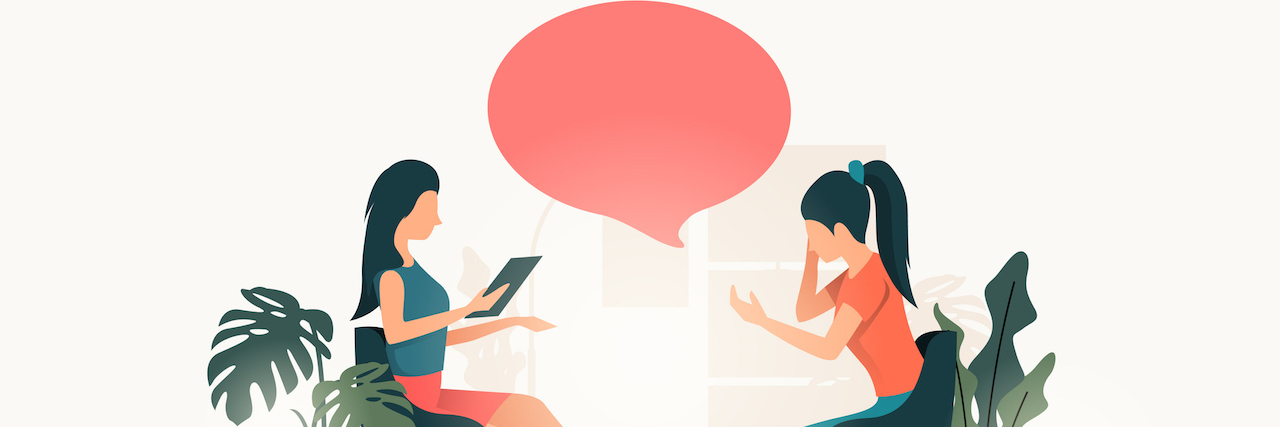 What to Expect When Starting Your First Therapy Session Illustration of a young women talking to a therapist