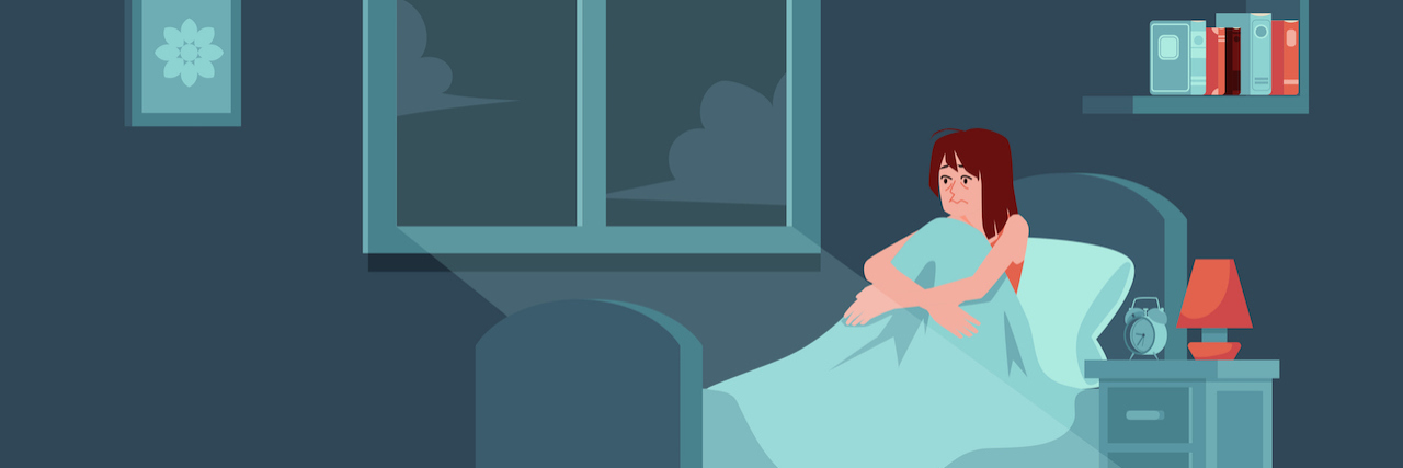 A Trauma Therapist Analyzes COVID-19 Dreams illustration of a woman sitting in bed having a hard time sleeping