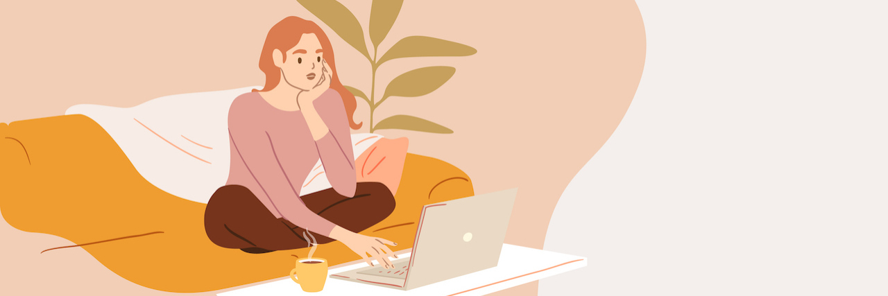 The Advice My New Boss Gave as I Struggled With My Mental Health Young woman using computer while sitting on sofa at home