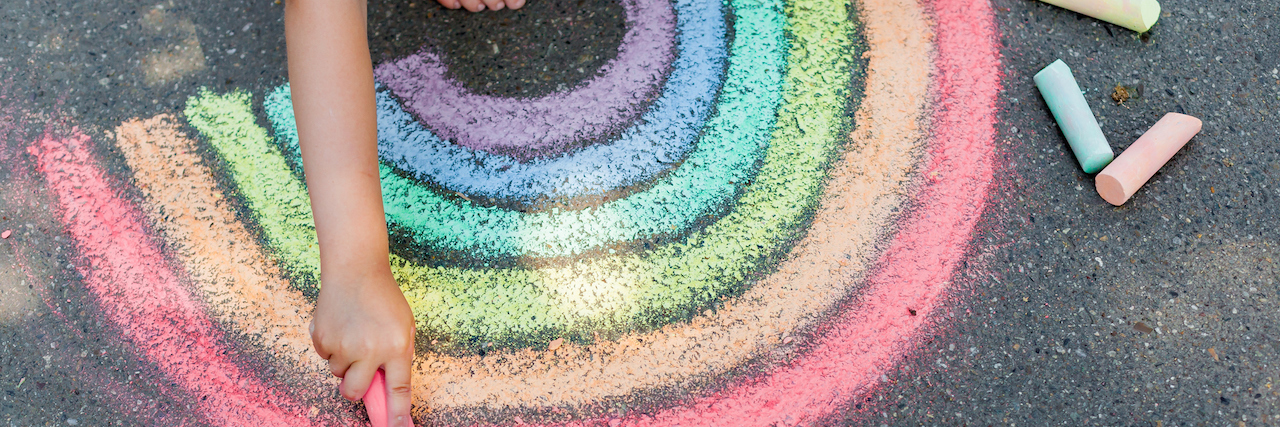 Moments of Kindness and Connection During the COVID-19 Pandemic rainbow drawn with chalk on the sidewalk