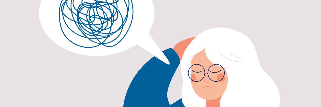 Why We Need Therapists With Disabilities illustration of woman with white hair and a speech bubble containing messy lines