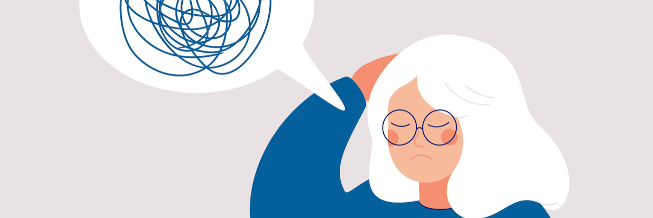 Why Some People With Chronic Illness Don't Go to Therapy A woman with squiggles in a thought bubble