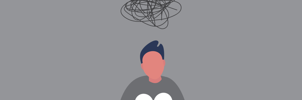 Young depressed male character hugging his knees with a scribble cloud above his head (illustration)