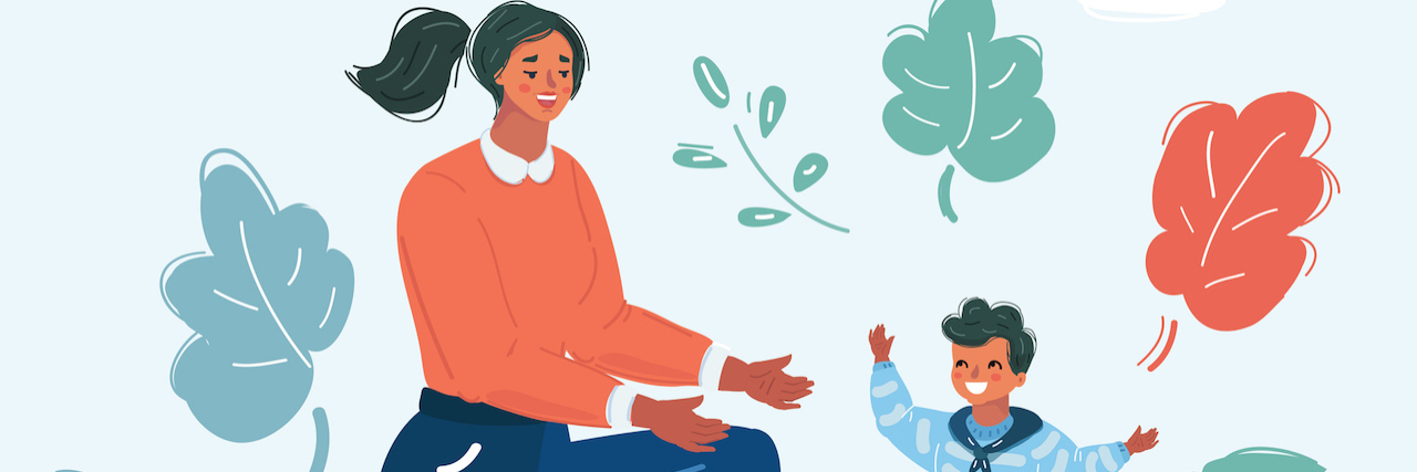 Letting Go of Shame From the Social Media Comparison Game illustration of mother with toddler learning to walk