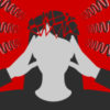 Black-and-white woman is clasping her head with hands, suffering from unbearable headache caused by stress and overwork, head is broken down to fragments, over depressive red background