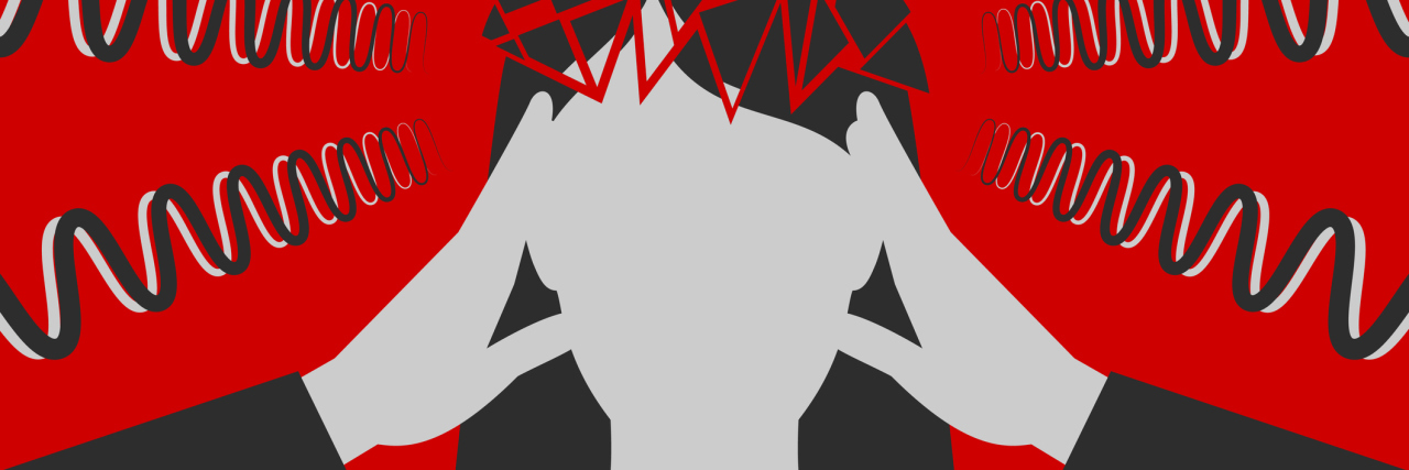 Why Does Anxiety Make Me Feel So Irritable? Black-and-white woman is clasping her head with hands, suffering from unbearable headache caused by stress and overwork, head is broken down to fragments, over depressive red background