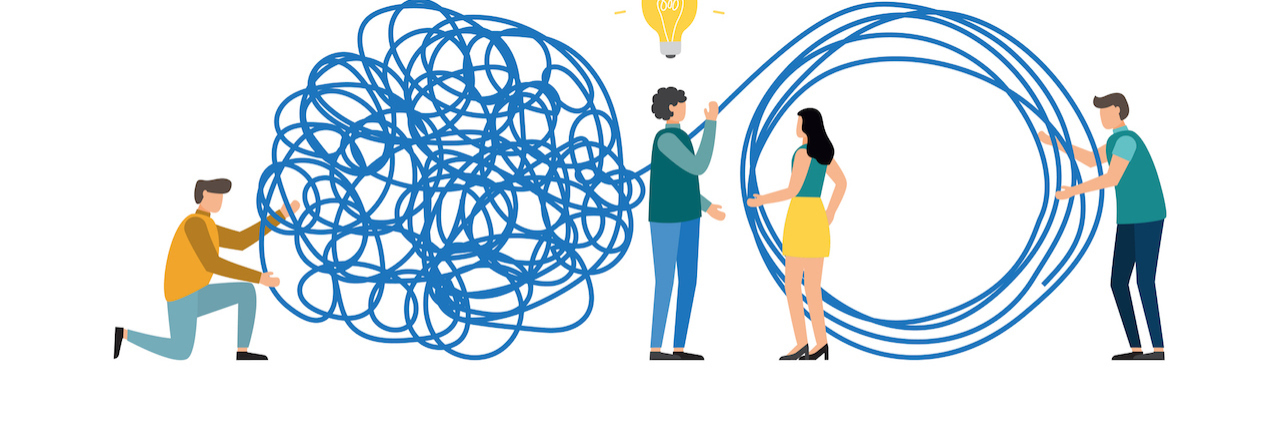 Illustration of people working together to untangle string