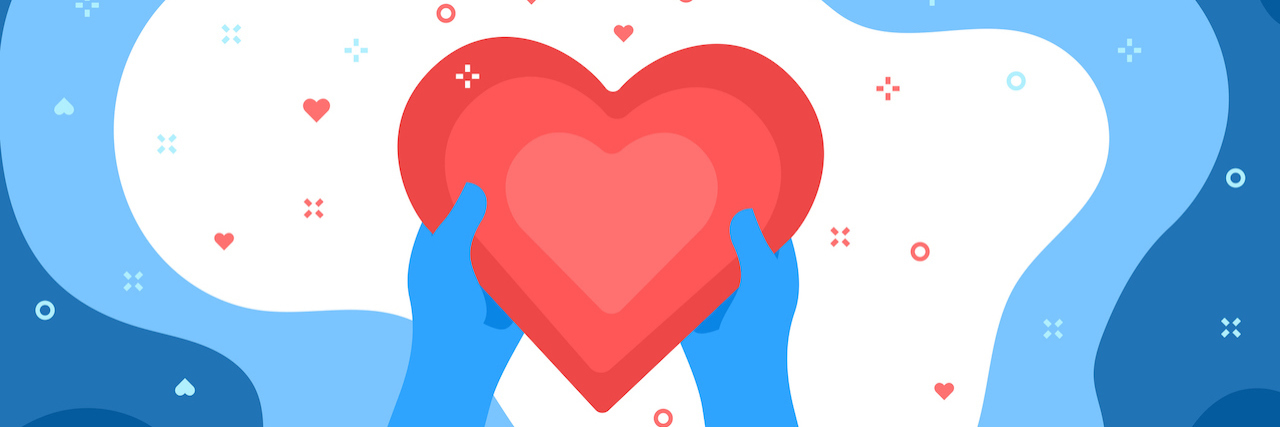 15 Tangible Ways to Support Suicide Attempt Survivors Two blue hands holding a big red heart on a blue background