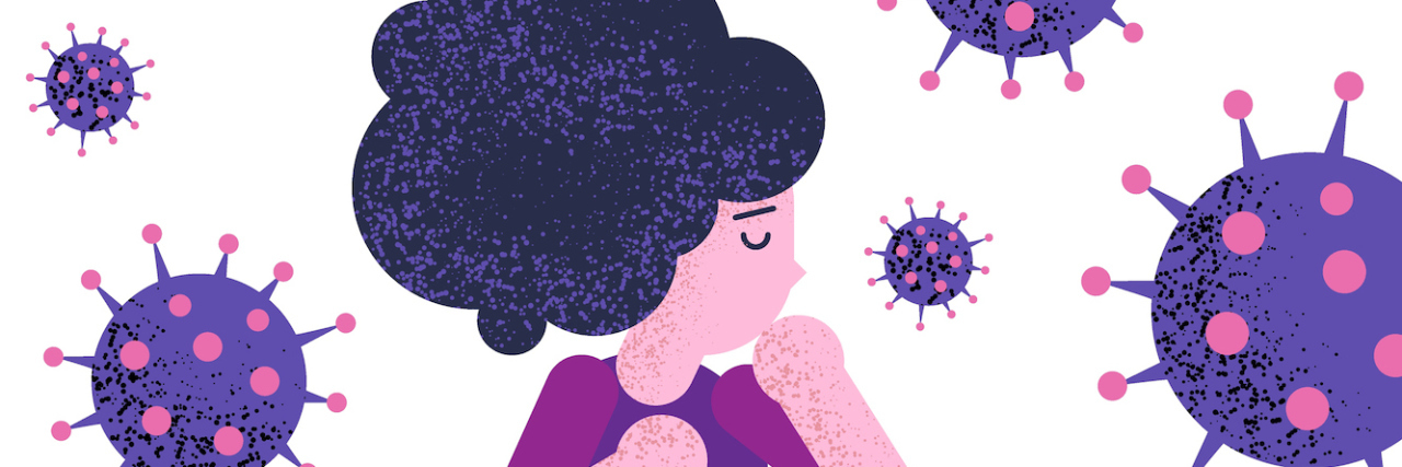 Illustration of a young woman holding her hand up to her mouth surrounded by magnified virus cells in purple and red