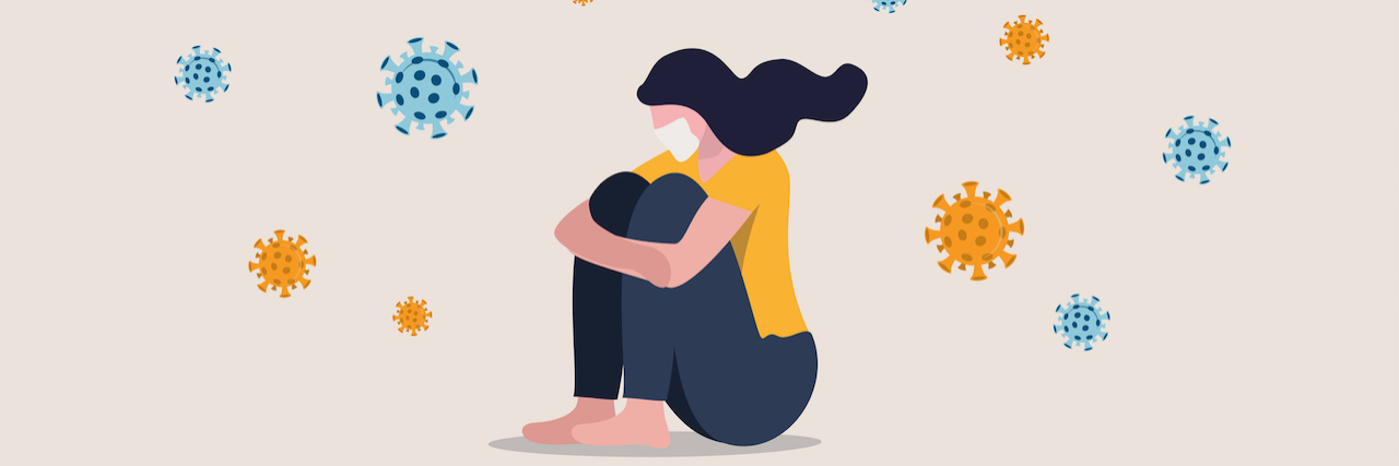 COVID-19 Patients With Lingering Symptoms Are Being Dismissed An illustration of a woman sitting down with her legs in her chest. It looks like the COVID-19 virus is floating around her.