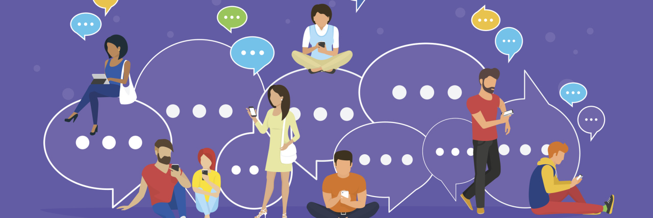 4 Ways You Can Stay Connected Without Using Video During COVID-19 illustration of people texting with giant speech bubbles around them