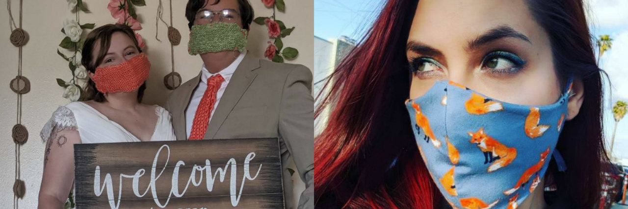 Fashionable Face Masks People Are Wearing During COVID-19 Couple getting married in masks and Woman wearing a mask with foxes