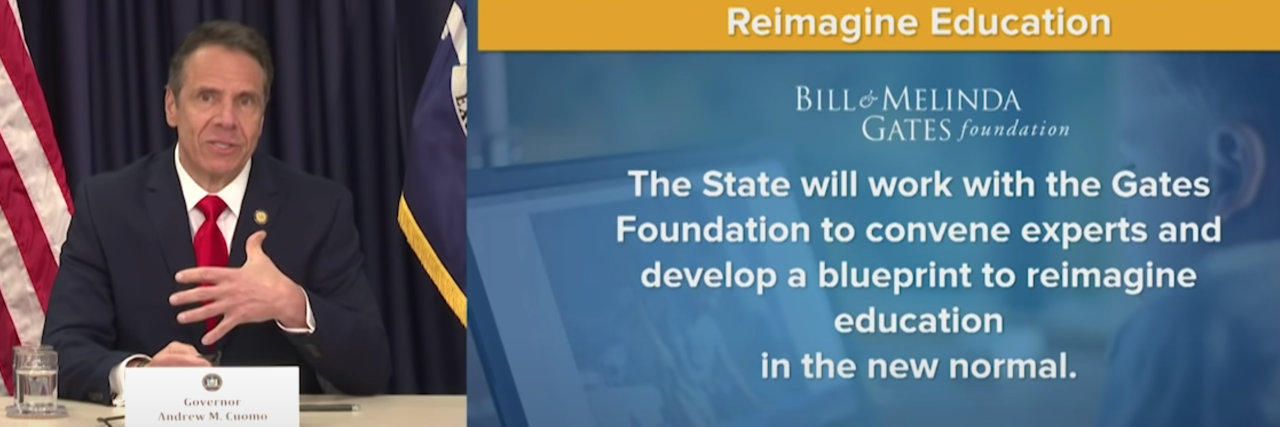 Cuomo's ‘Reimagine Education’ After COVID-19 and Student Mental Health screenshot of Governor Andrew Cuomo of New York talking about his plan to "reimagine education" with the Bill and Melinda Gates Foundation
