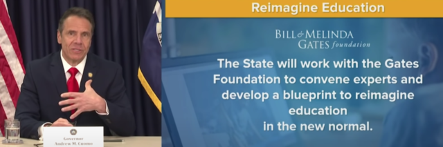 screenshot of Governor Andrew Cuomo of New York talking about his plan to "reimagine education" with the Bill and Melinda Gates Foundation