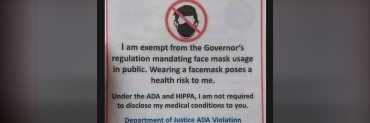 Sign that reads: I am exempt from the Governor's regulation mandating face mask usage in publich