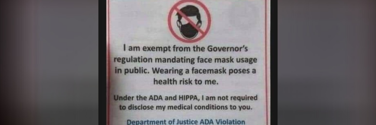 Stop Using ADA and HIPAA to Get Out of Wearing Masks During COVID-19 Sign that reads: I am exempt from the Governor's regulation mandating face mask usage in publich