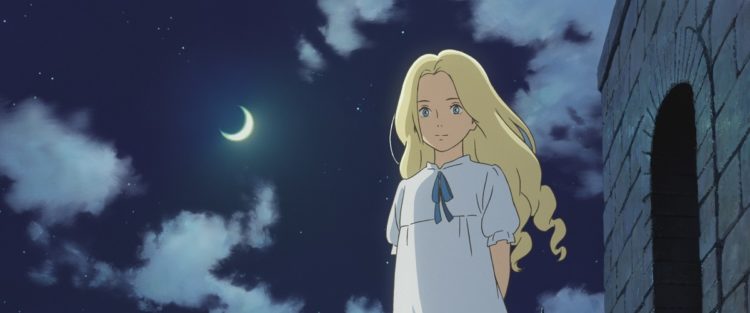 A cartoon character with blonde hair stands outside at night