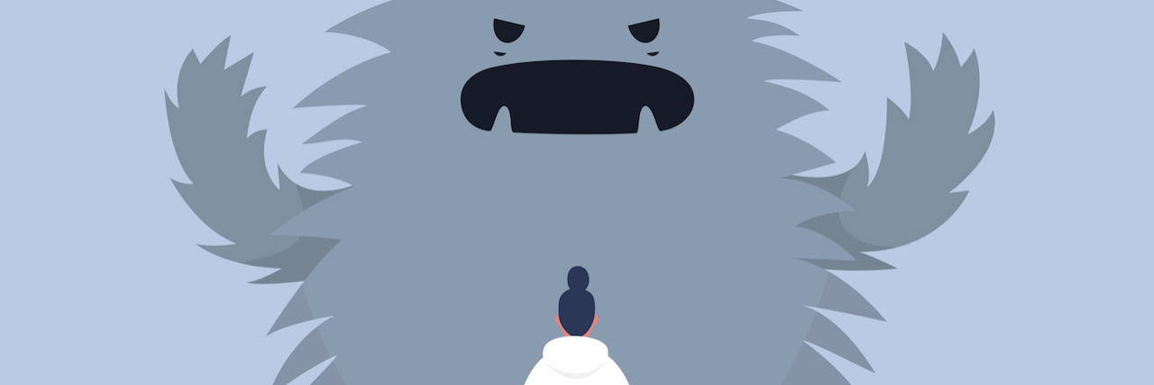 Illustration of a person facing a monster, representing facing their fear