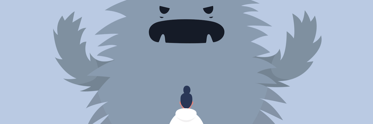 Realizing That Fear Keeps Me From Making Progress in Therapy Illustration of a person facing a monster, representing facing their fear