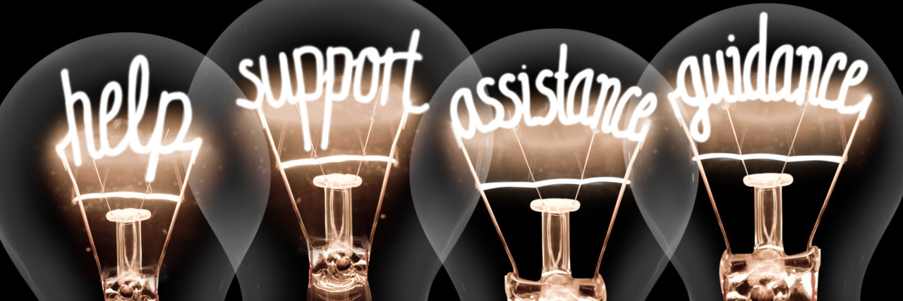 light bulbs with the words "support, assistance, help, guidance."