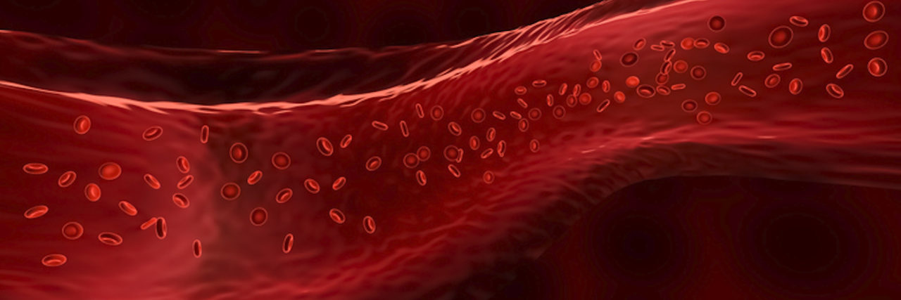 Red blood cells or corpuscles flowing through a vein.