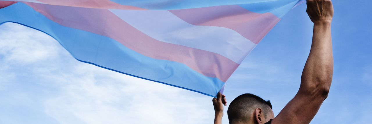 a young caucasian person, seen from behind, holding a transgender pride flag over their head