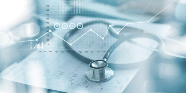 Medical examination and businessman analyzing data and growth chart on blured background