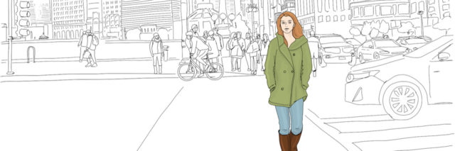 an illustration of a woman walking in a city